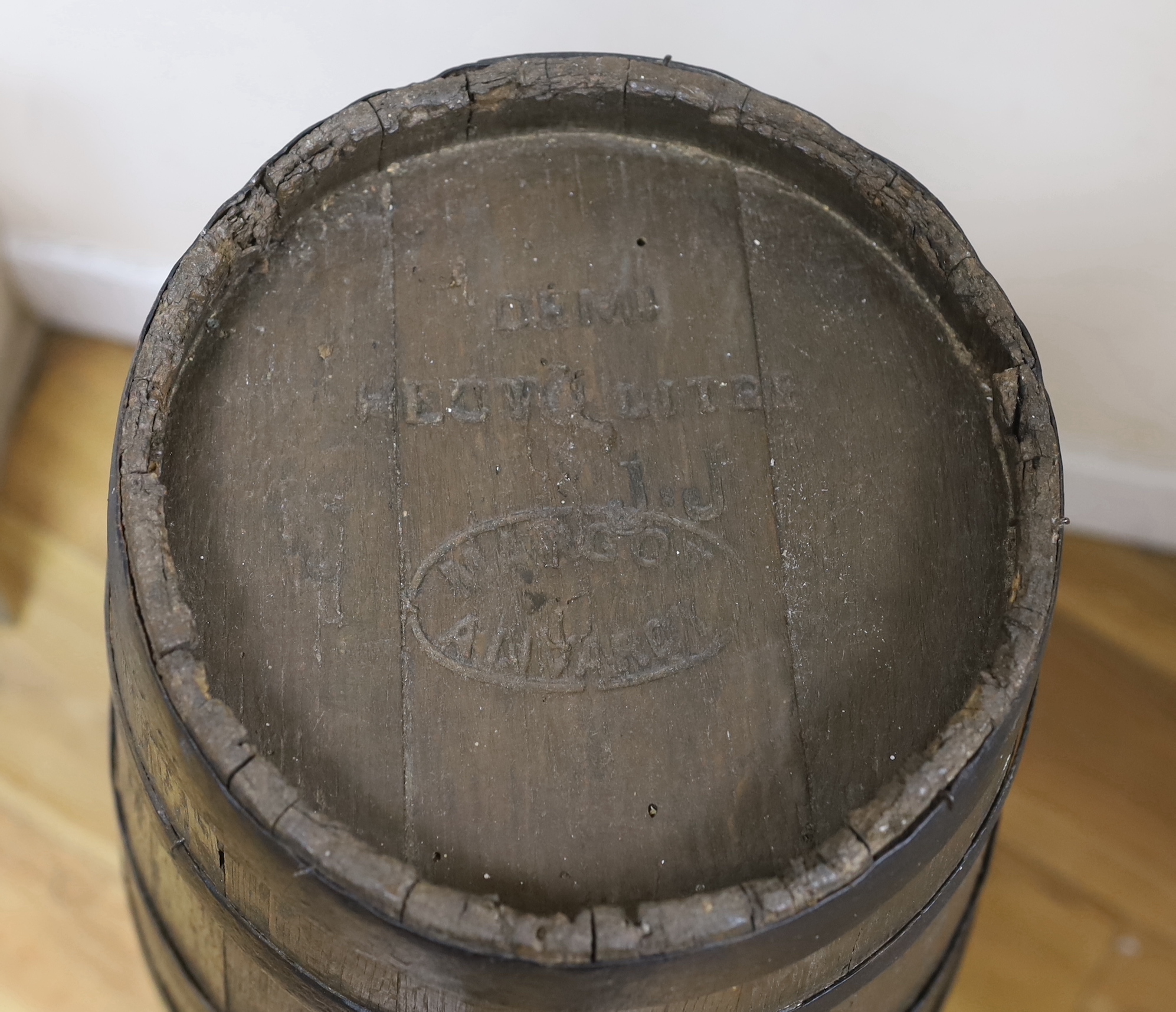 A French iron bound wine barrel, 79cm high